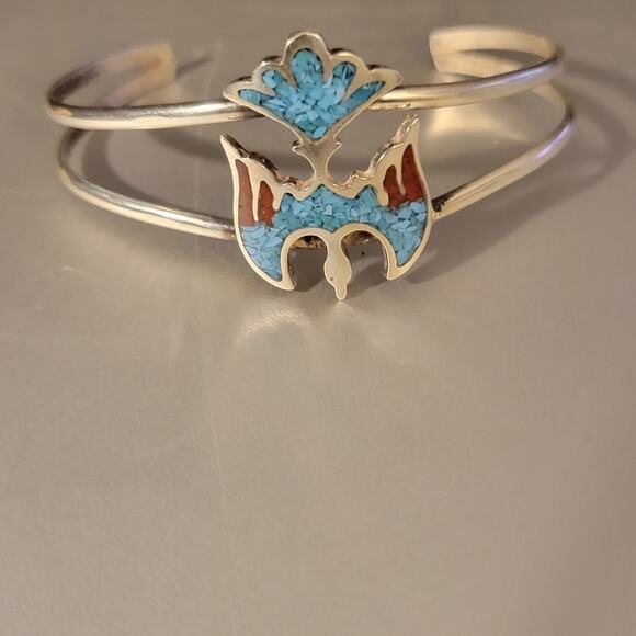 Native American Navajo Sterling Silver Handcrafted Bird Turquoise Inlaid Cuff - Picture 3 of 7
